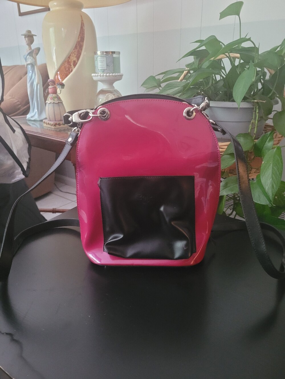 Beijo Faux Leather Handbag Converts To A Backpack in Fuscia with Black Pocket